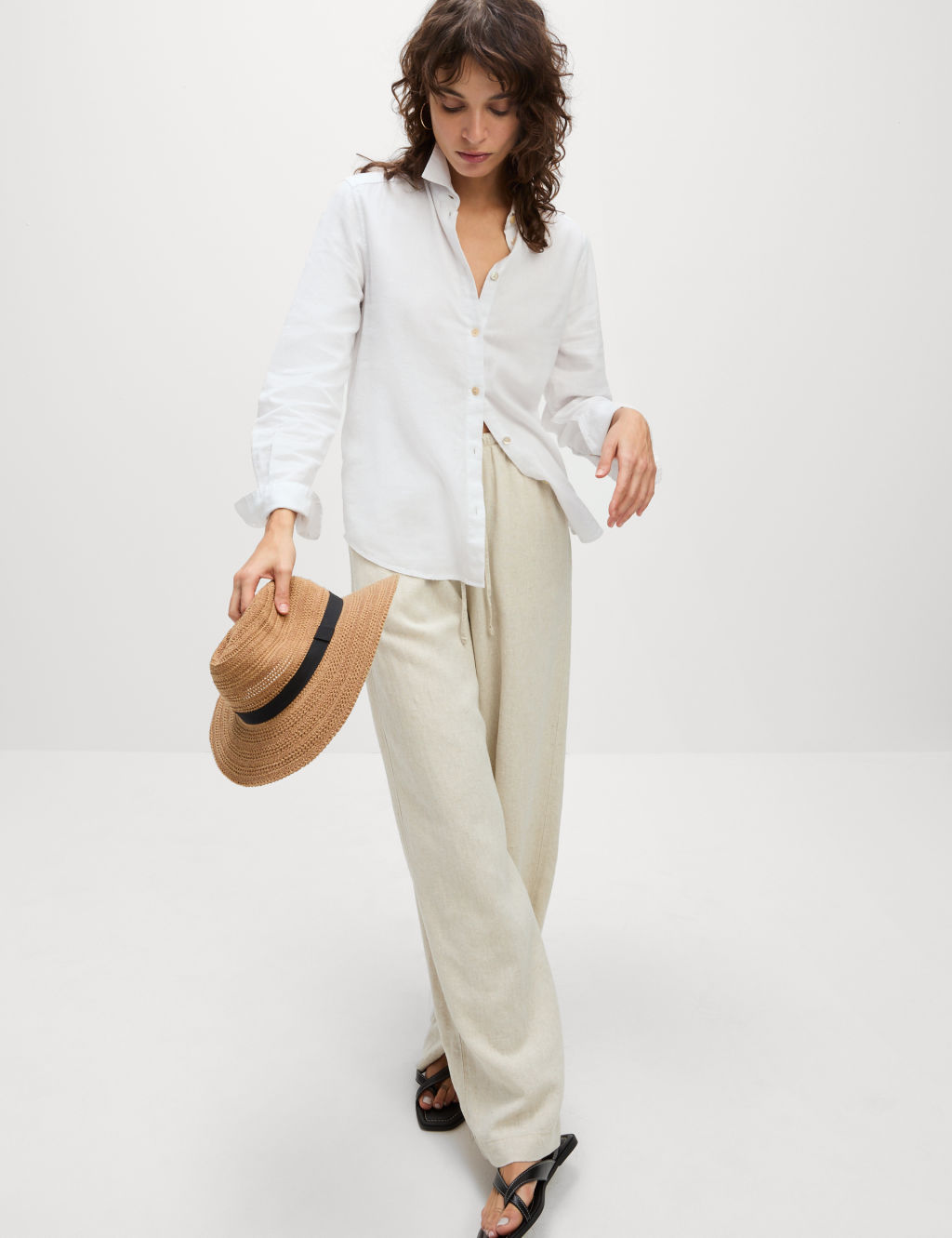 M&S Linen Blend Wide Leg Trousers - 6XSH - Natural Beige, Natural Beige