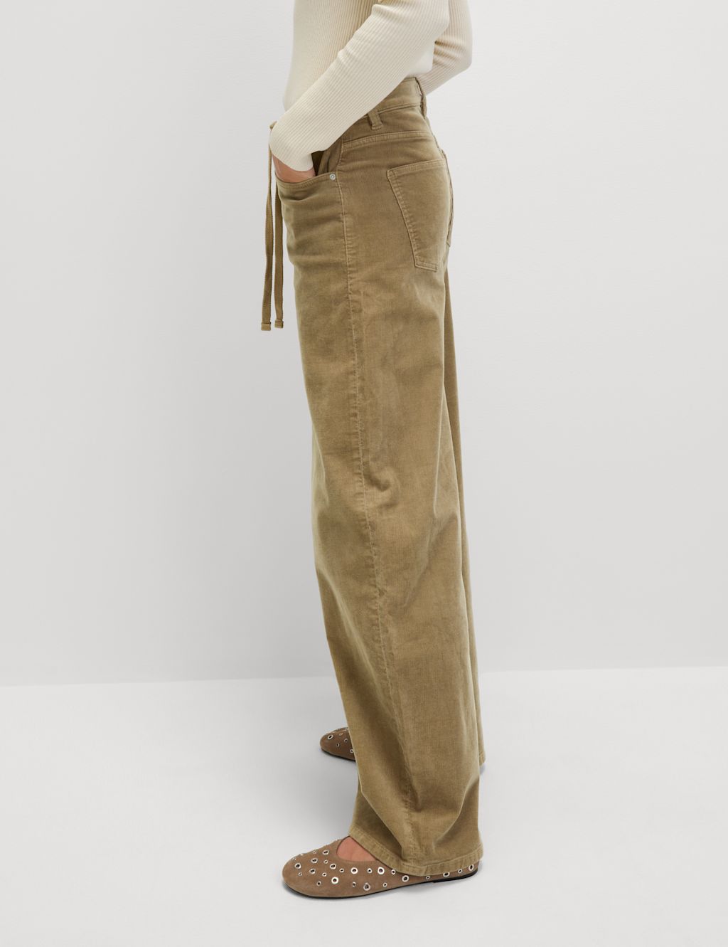 M&S Cotton Rich Cord Wide Leg Trousers - 14SHT - Caramel, Caramel