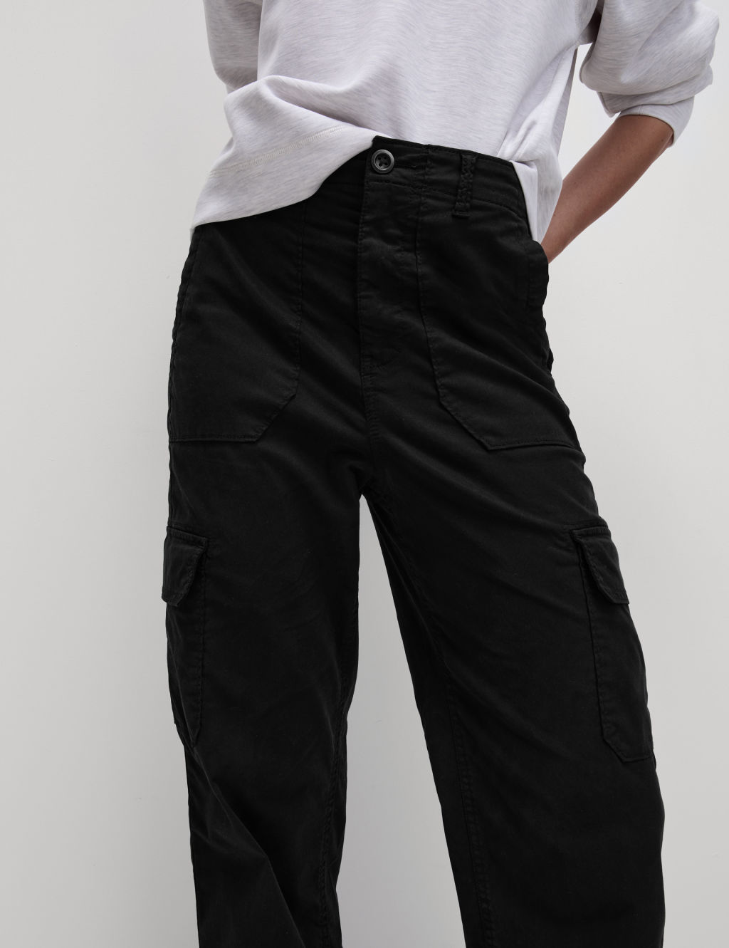 M&S Lyocell Rich Cargo Straight Leg Trousers - 8REG - Black, Black