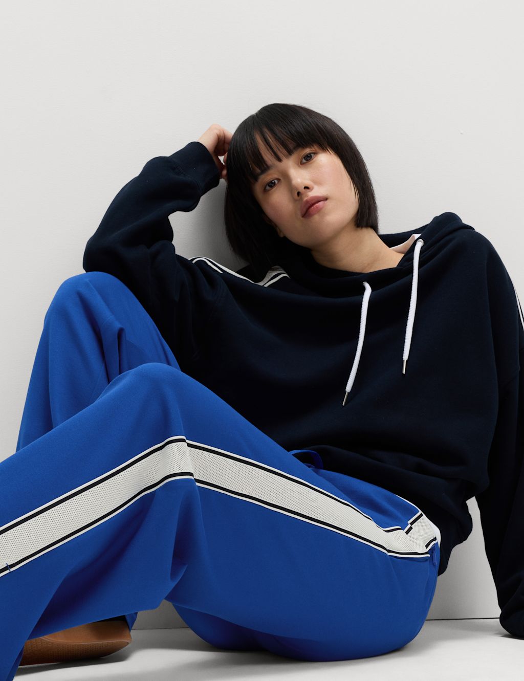 M&S Jersey Side Stripe Wide Leg Trousers - 8SHT - Dark Blue, Dark Blue