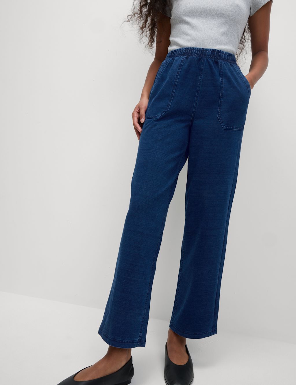 M&S Denim Jersey Straight Leg Trousers - 10LNG - Indigo, Indigo