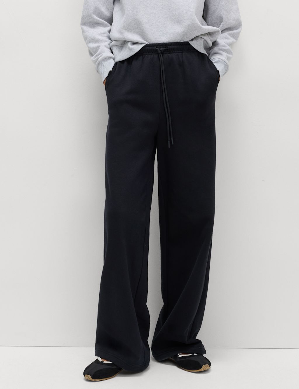 M&S Cotton Rich Drawstring Wide Leg Joggers - 10 - Black, Black