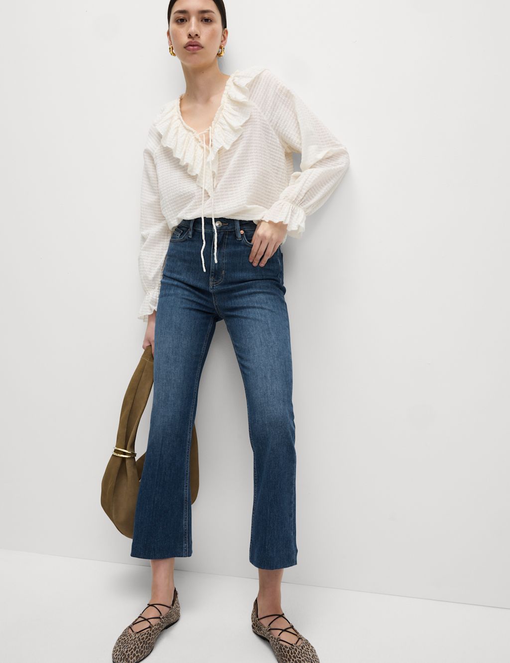 M&S High Waisted Slim Flare Cropped Jeans - 12REG - Medium Indigo, Medium Indigo