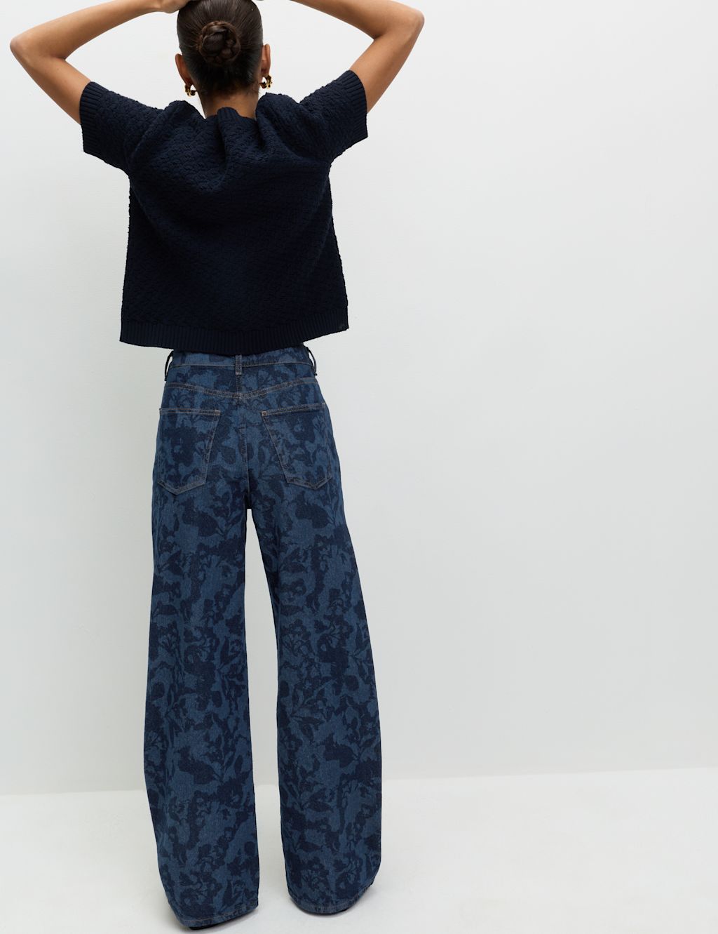 M&S High Waisted Floral Wide Leg Jeans - 10REG - Indigo Mix, Indigo Mix