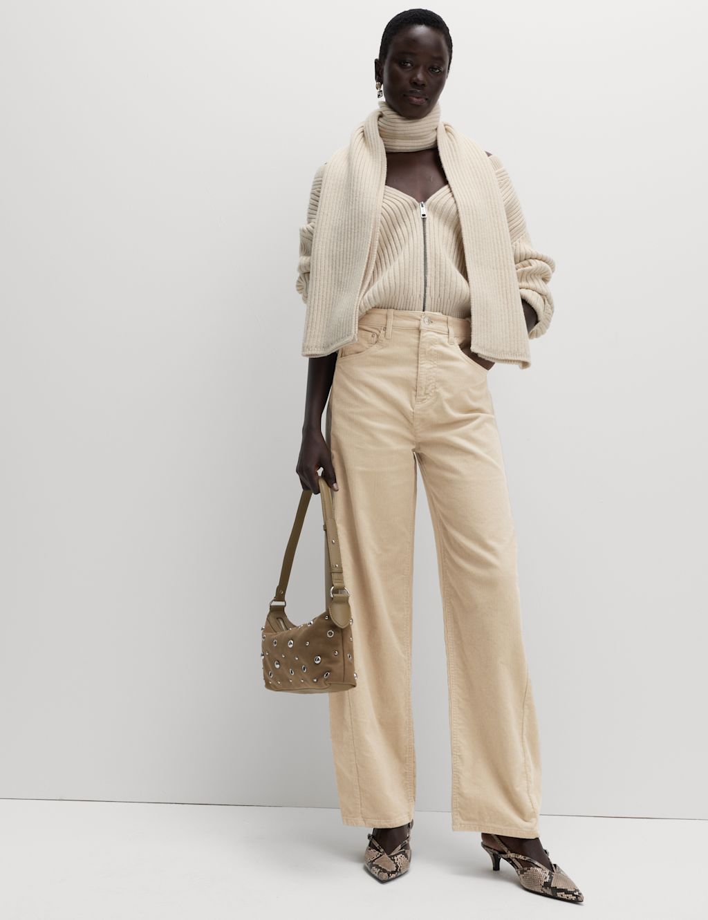 M&S Cotton Rich Cord Carrot Leg Trousers - 24REG - Ecru, Ecru