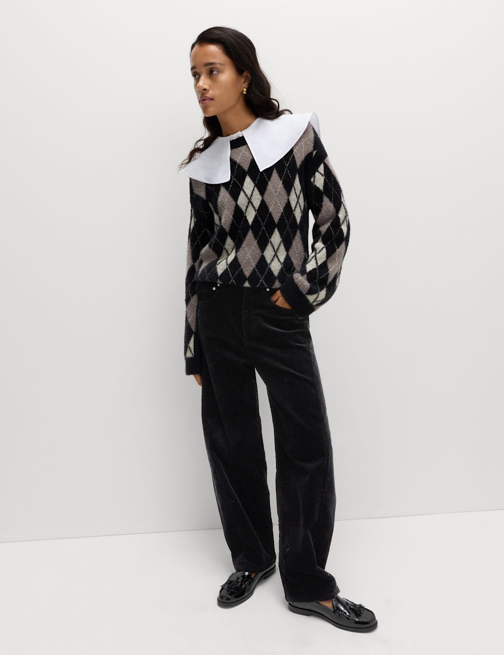 M&S Cotton Rich Cord Carrot Leg Trousers - 20XSH - Black, Black