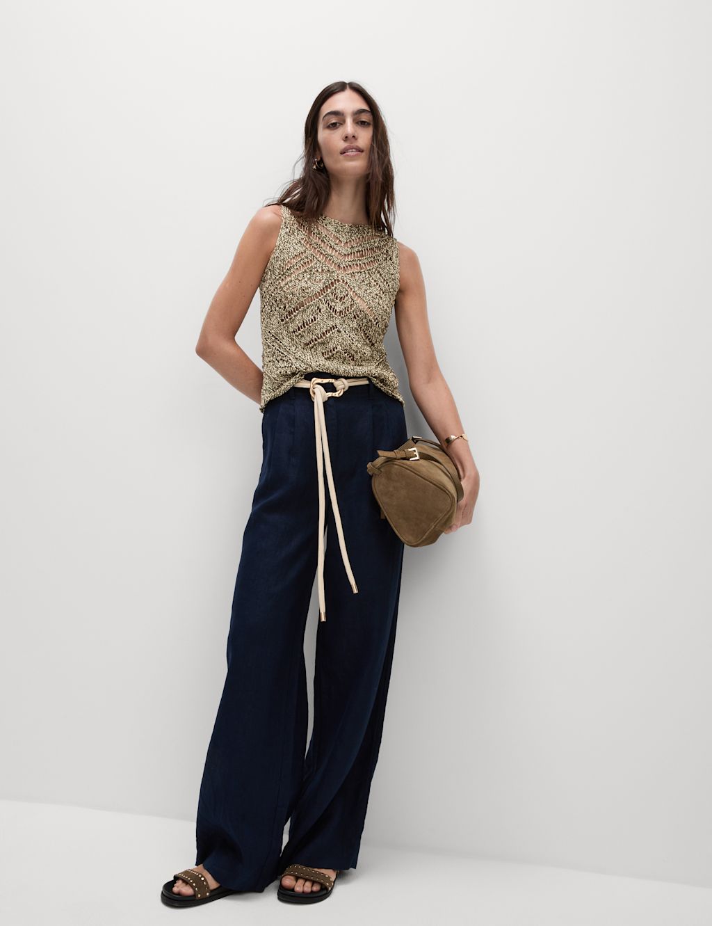 M&S Pure Linen Wide Leg Trousers - 14SHT - Navy, Navy
