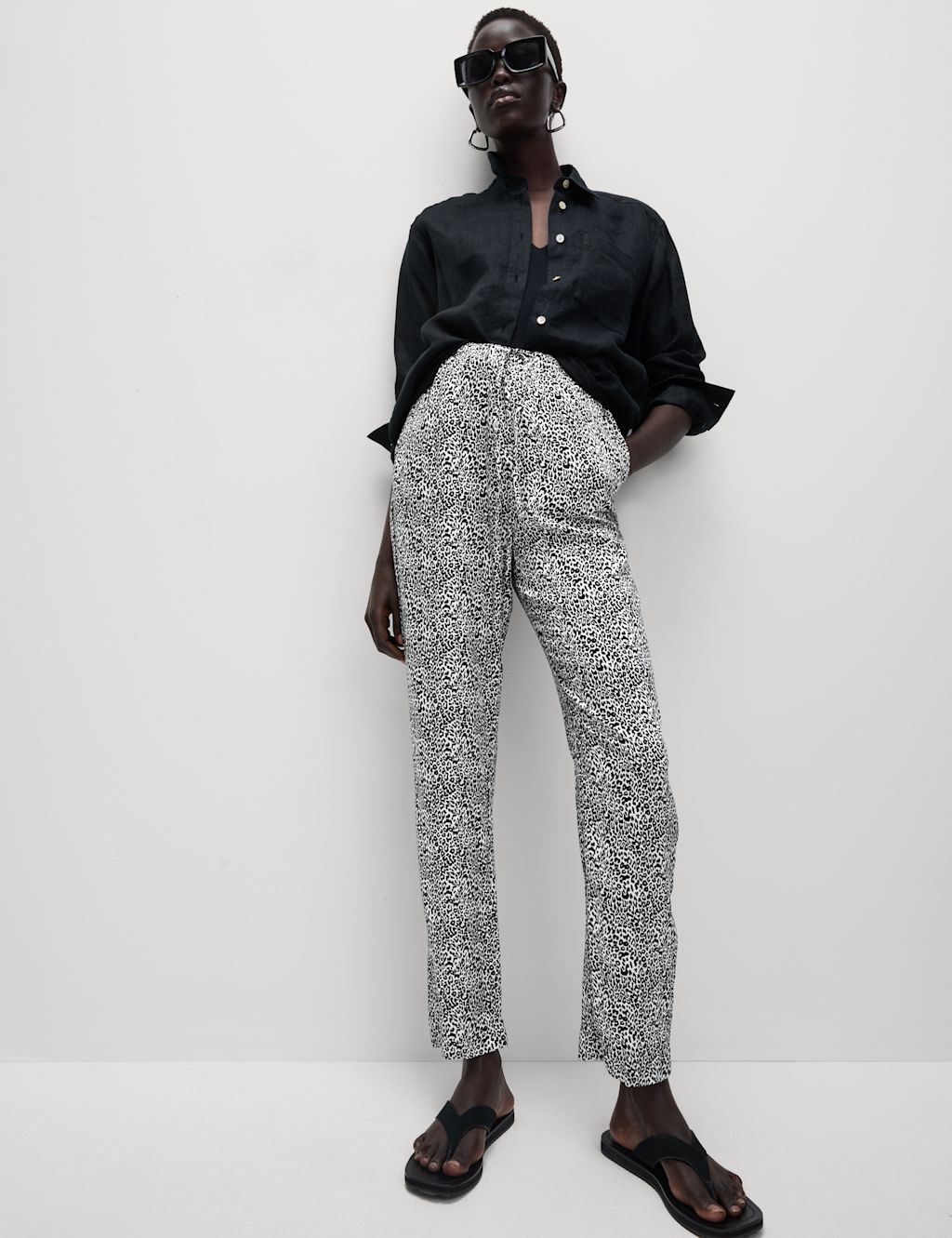 M&S Pure Twill Printed High Waisted Tapered Trousers - 24SHT - Ecru Mix, Ecru Mix