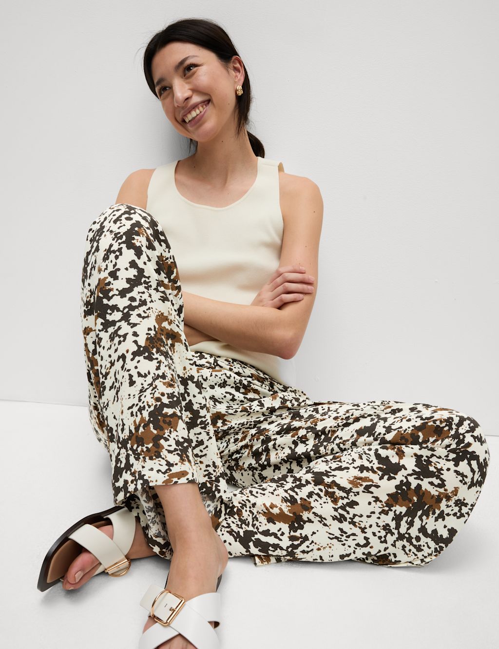 M&S Animal Print Drawstring Wide Leg Trousers - 8SHT - Ecru Mix, Ecru Mix