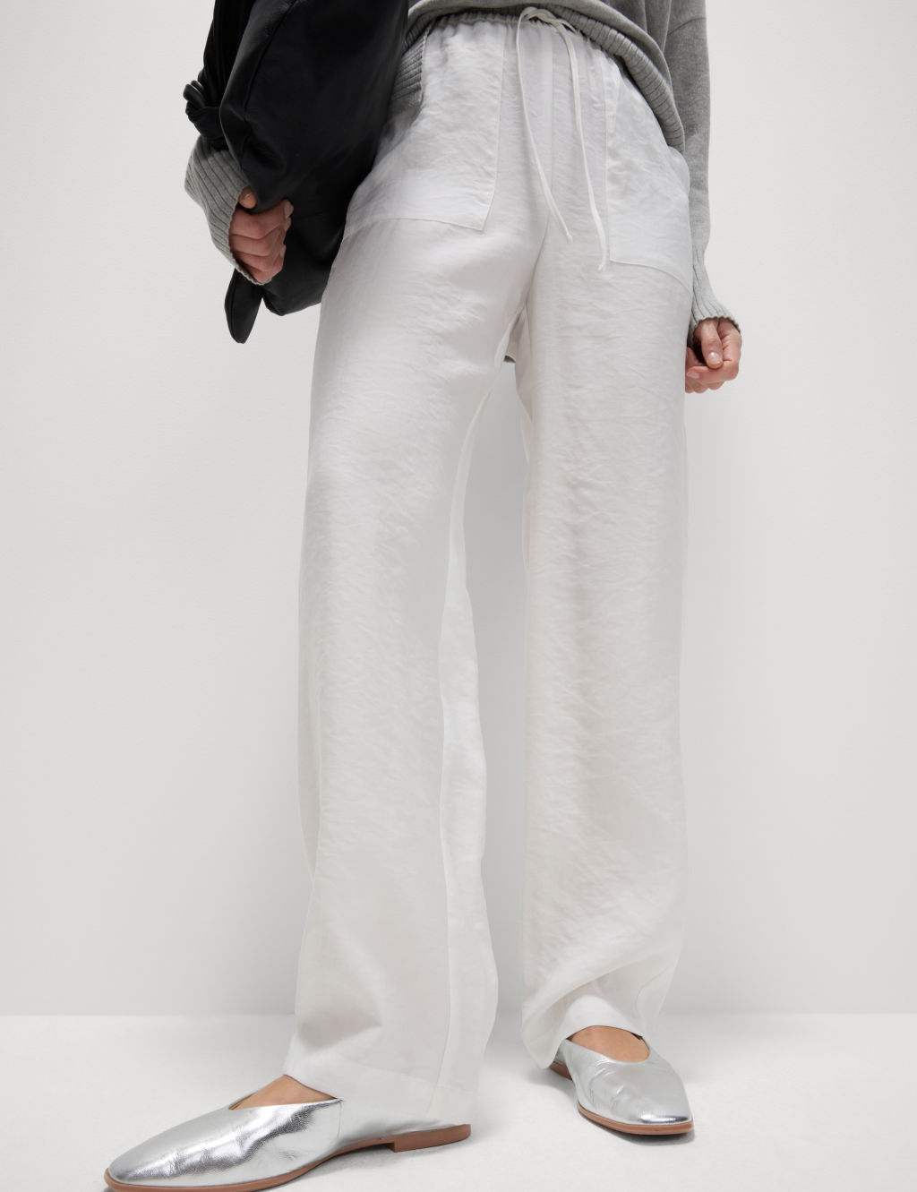 M&S Lyocell Rich Straight Leg Trousers - 14REG - Soft White, Soft White