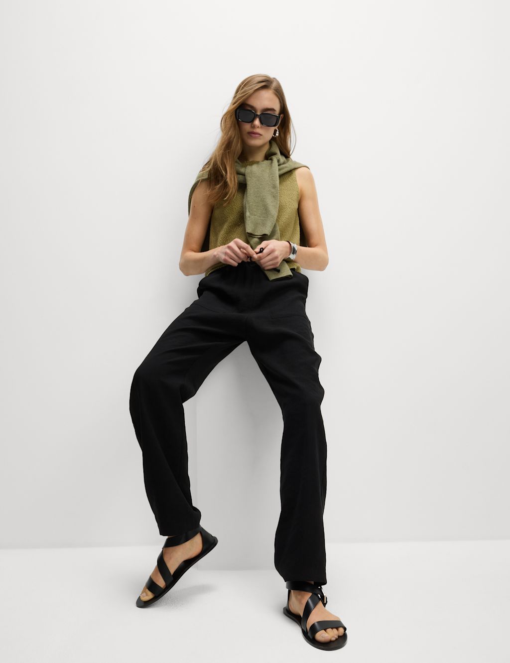 M&S Lyocell Rich Straight Leg Trousers - 8REG - Black, Black