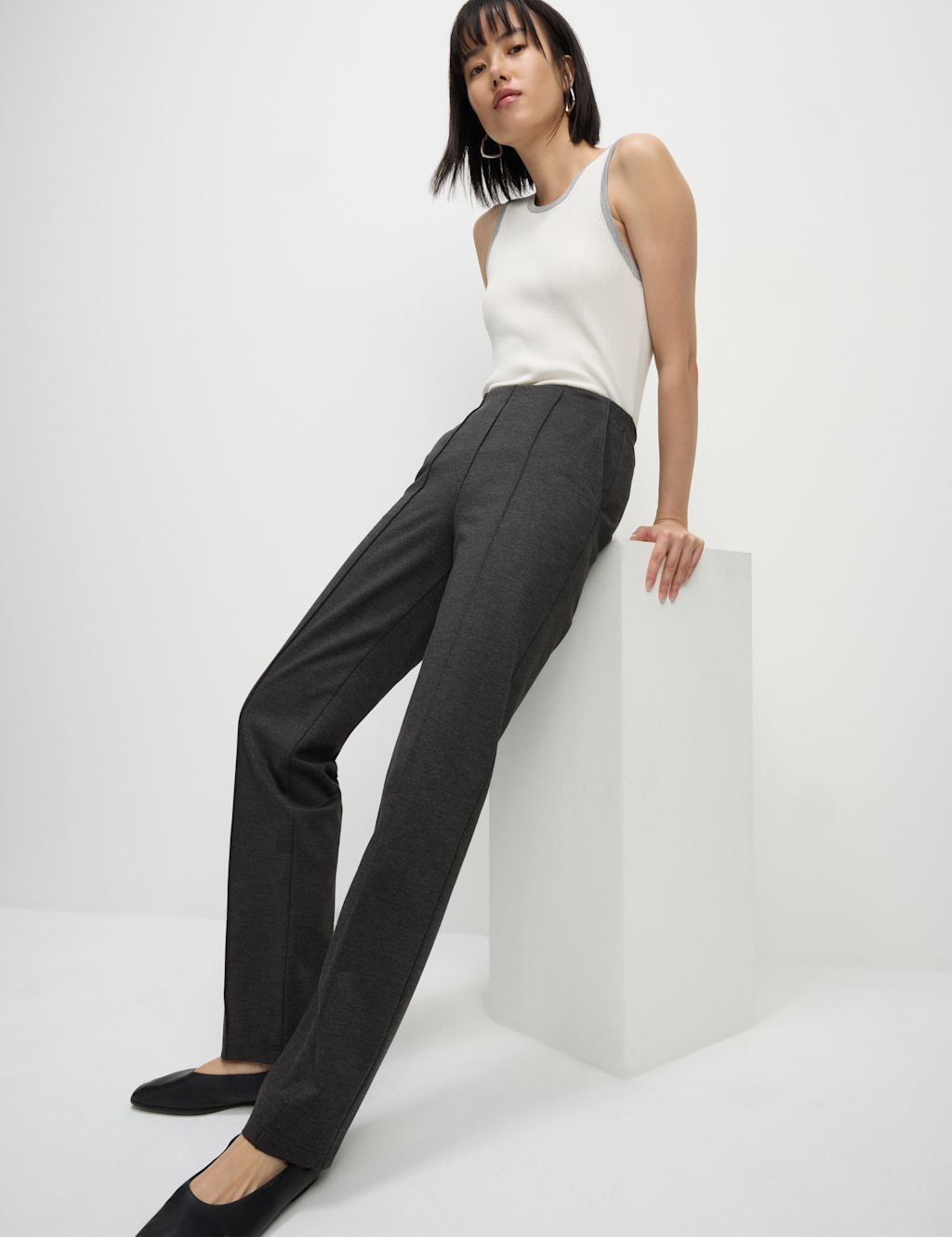 M&S Jersey Twill Straight Leg Trousers - 10LNG - Charcoal, Charcoal