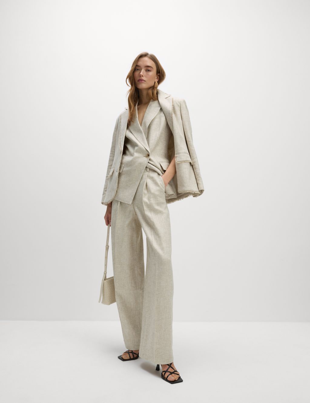M&S Linen Blend Wide Leg Trousers - 20LNG - Neutral, Neutral