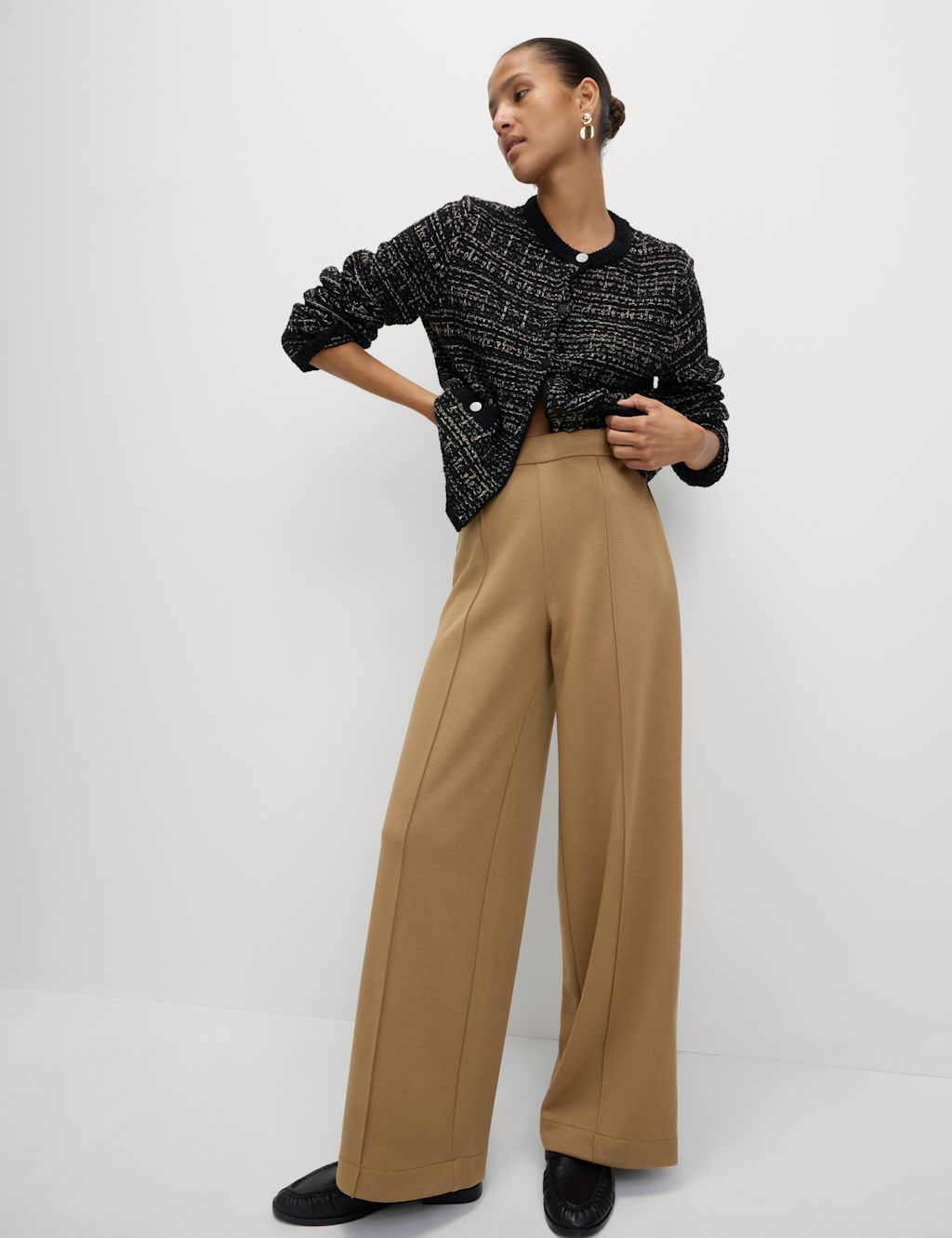 M&S Jersey Elasticated Waist Wide Leg Trousers - 18LNG - Caramel, Caramel