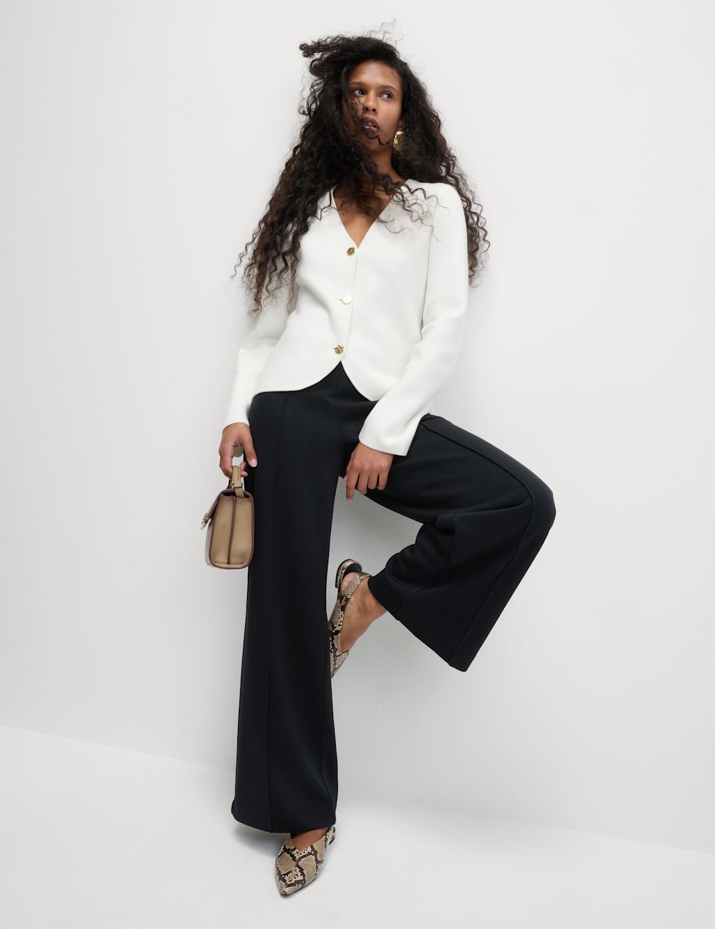 M&S Jersey Elasticated Waist Wide Leg Trousers - 18LNG - Black, Black