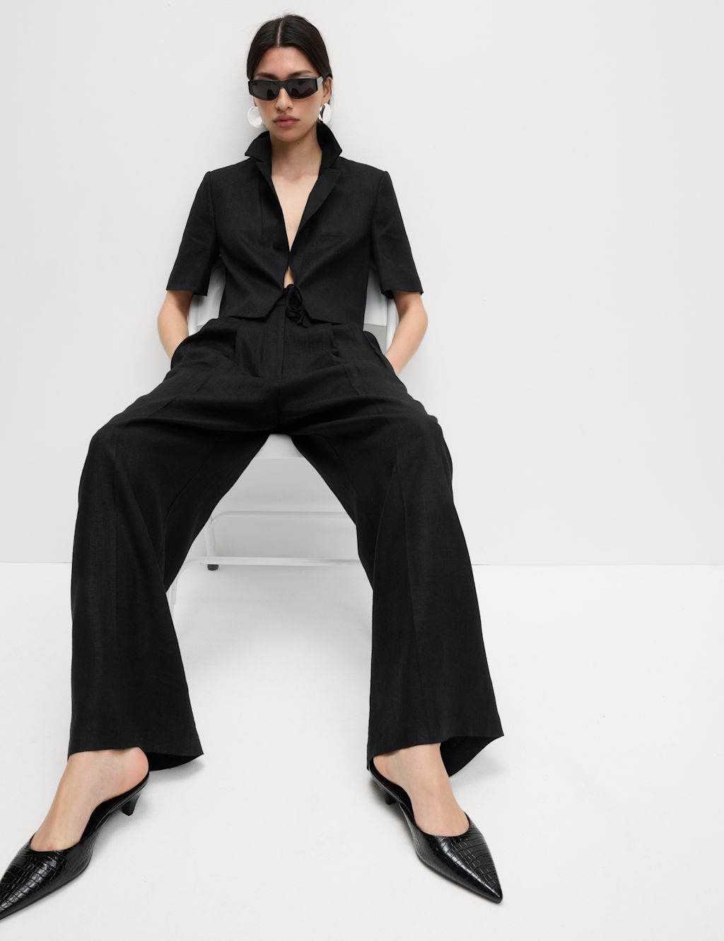 M&S Linen Rich Twill Wide Leg Trousers - 8SHT - Black, Black