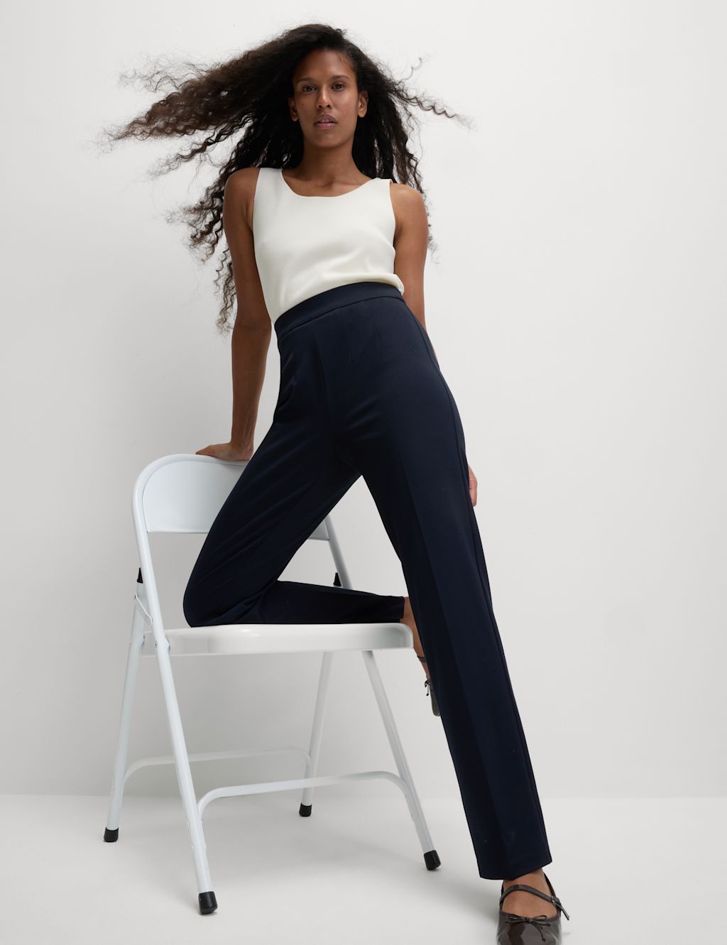 M&S Jersey Elasticated Waist Straight Leg Trousers - 12LNG - Dark Navy, Dark Navy