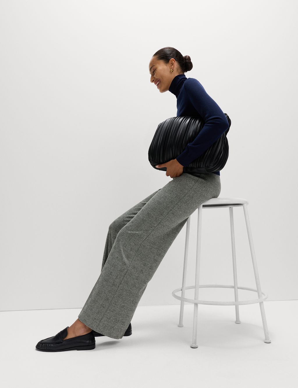 M&S Jersey Checked Trousers - 6REG - Black Mix, Black Mix