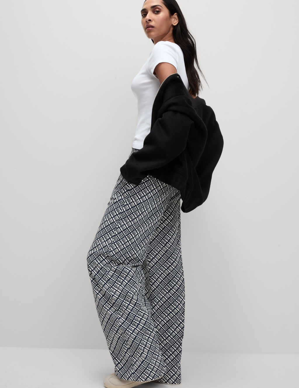 M&S Elasticated Waist Wide Leg Trousers - 18REG - Navy Mix, Navy Mix
