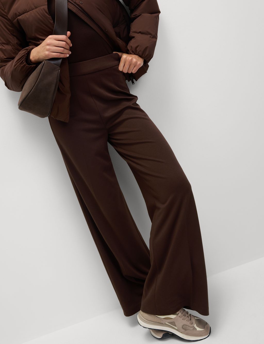 M&S Jersey Wide Leg Trousers with Stretch - 20SHT - Dark Chocolate, Dark Chocolate