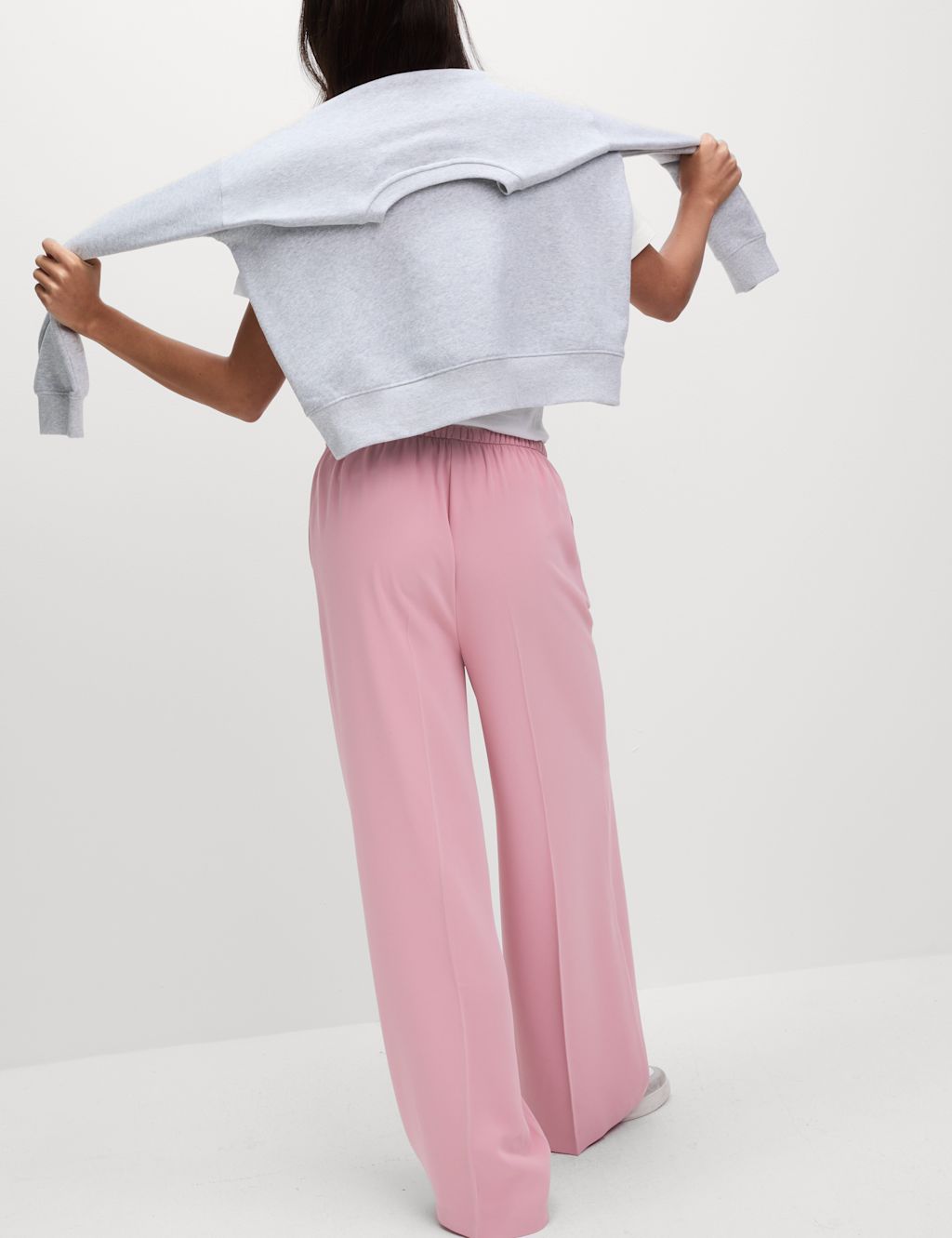 M&S Crepe Elasticated Waist Wide Leg Trousers - 24SHT - Rose Pink, Rose Pink