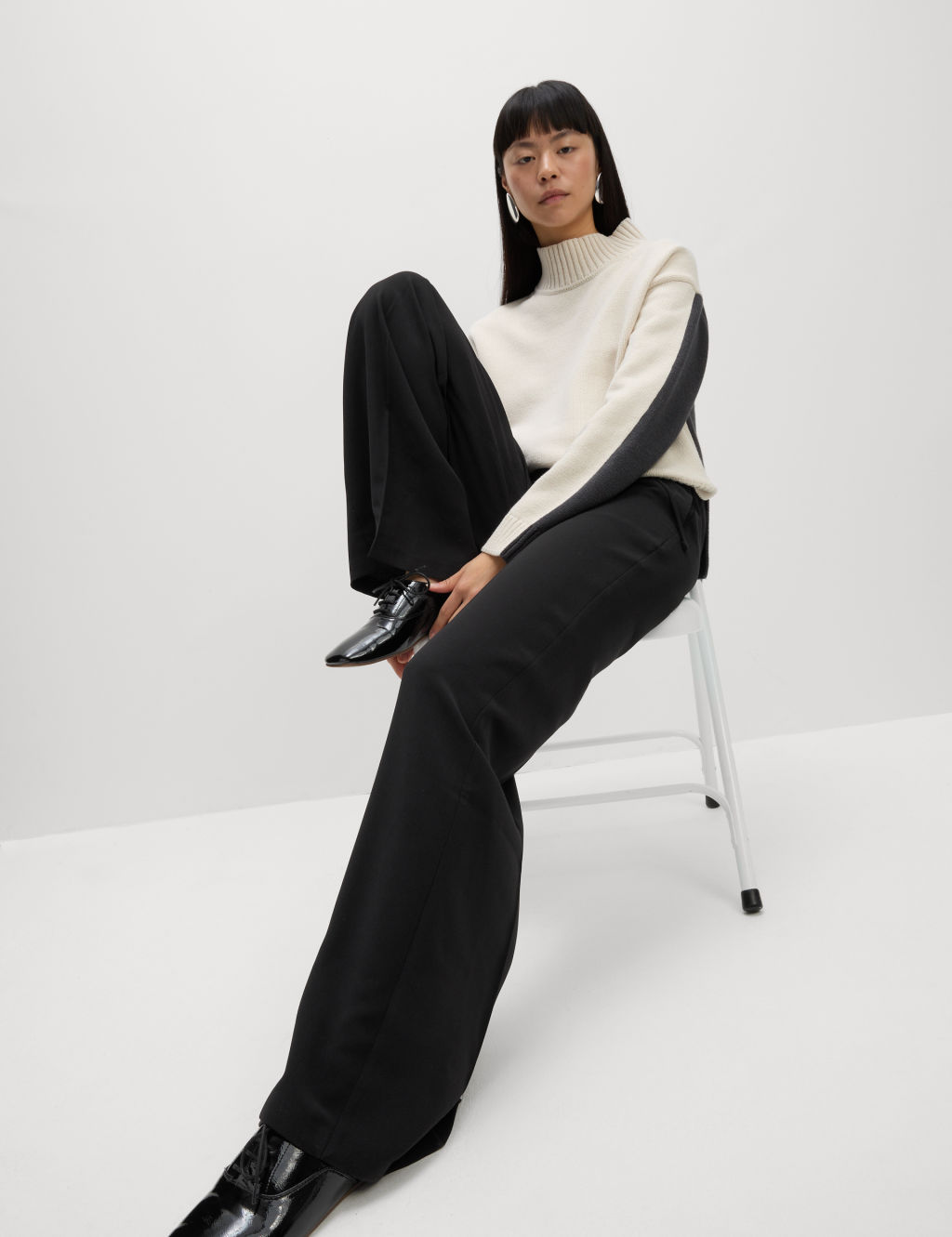 M&S Crepe Elasticated Waist Wide Leg Trousers - 8SHT - Black, Black