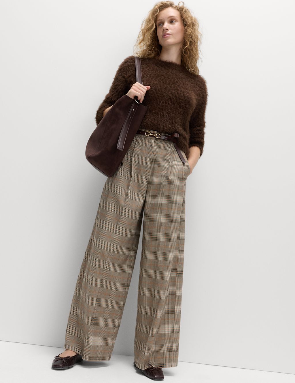 M&S Checked Side Tab Back Pleated Trousers - 10REG - Brown Mix, Brown Mix