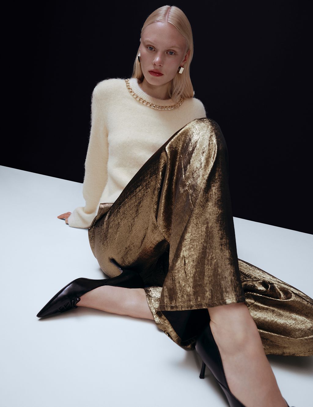 M&S Satin Metallic Drawstring Wide Leg Trousers - 16SHT - Gold, Gold