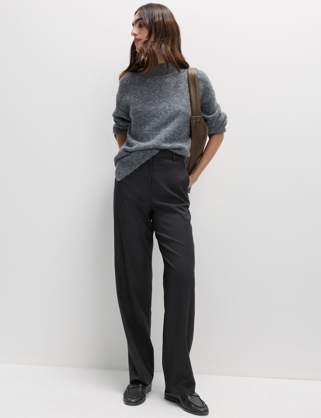 M&S Straight Leg Trousers with Stretch - 14SHT - Charcoal, Charcoal