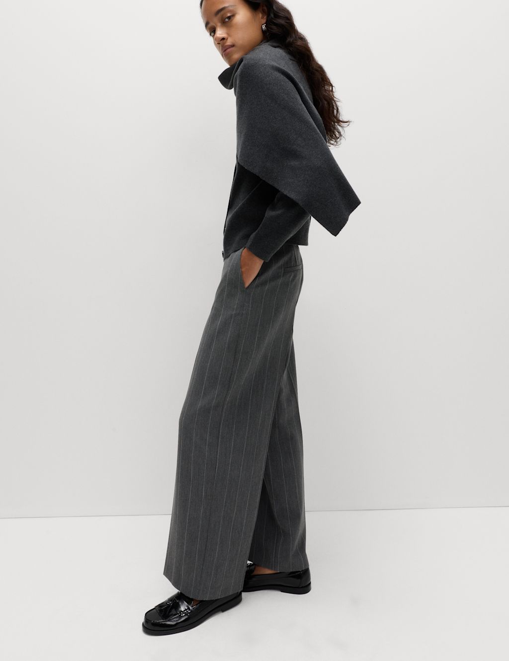 M&S Flannel Pinstripe Wide Leg Trousers - 24LNG - Grey Mix, Grey Mix