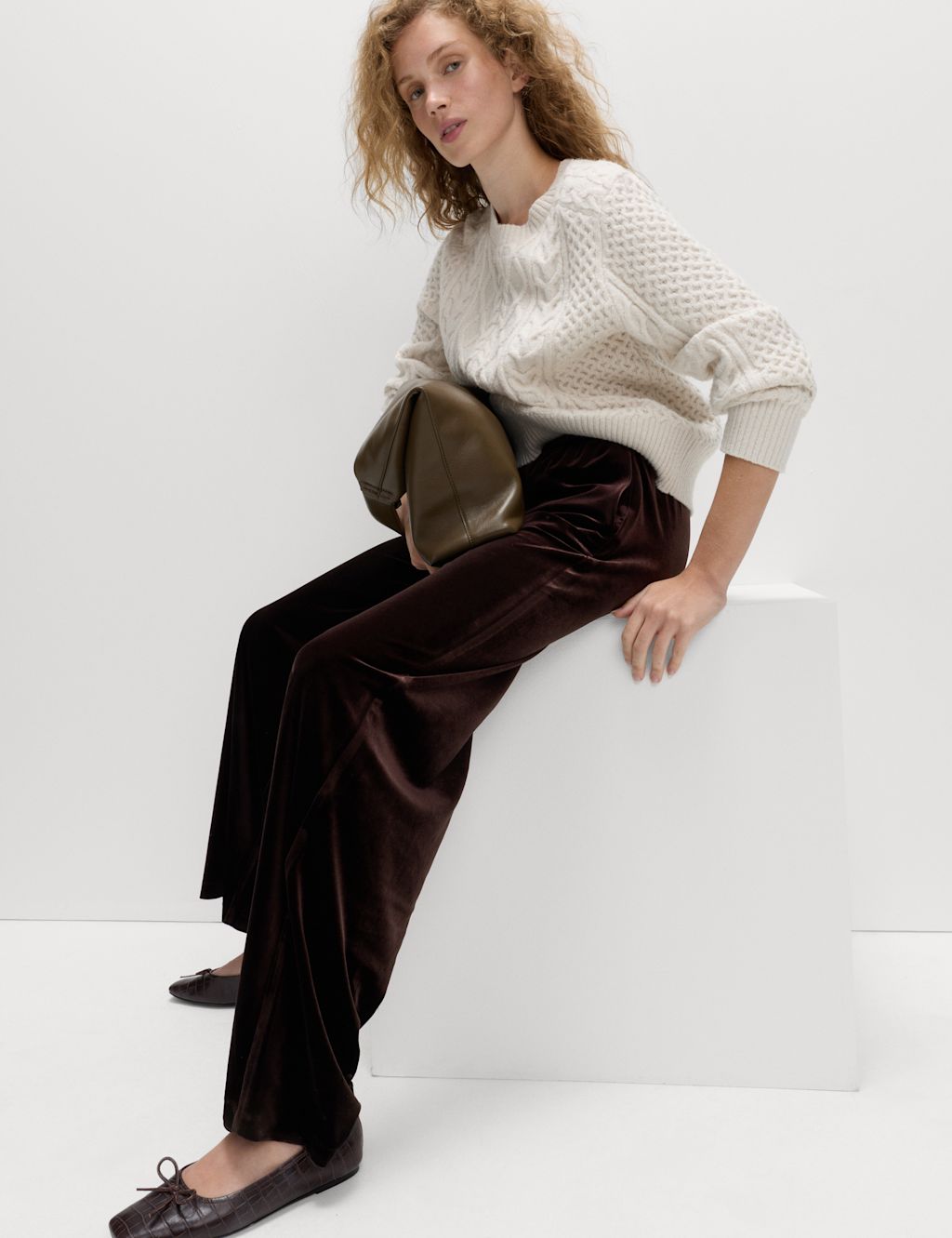 M&S Fluid Velvet Wide Leg Trousers - 24LNG - Chocolate, Chocolate