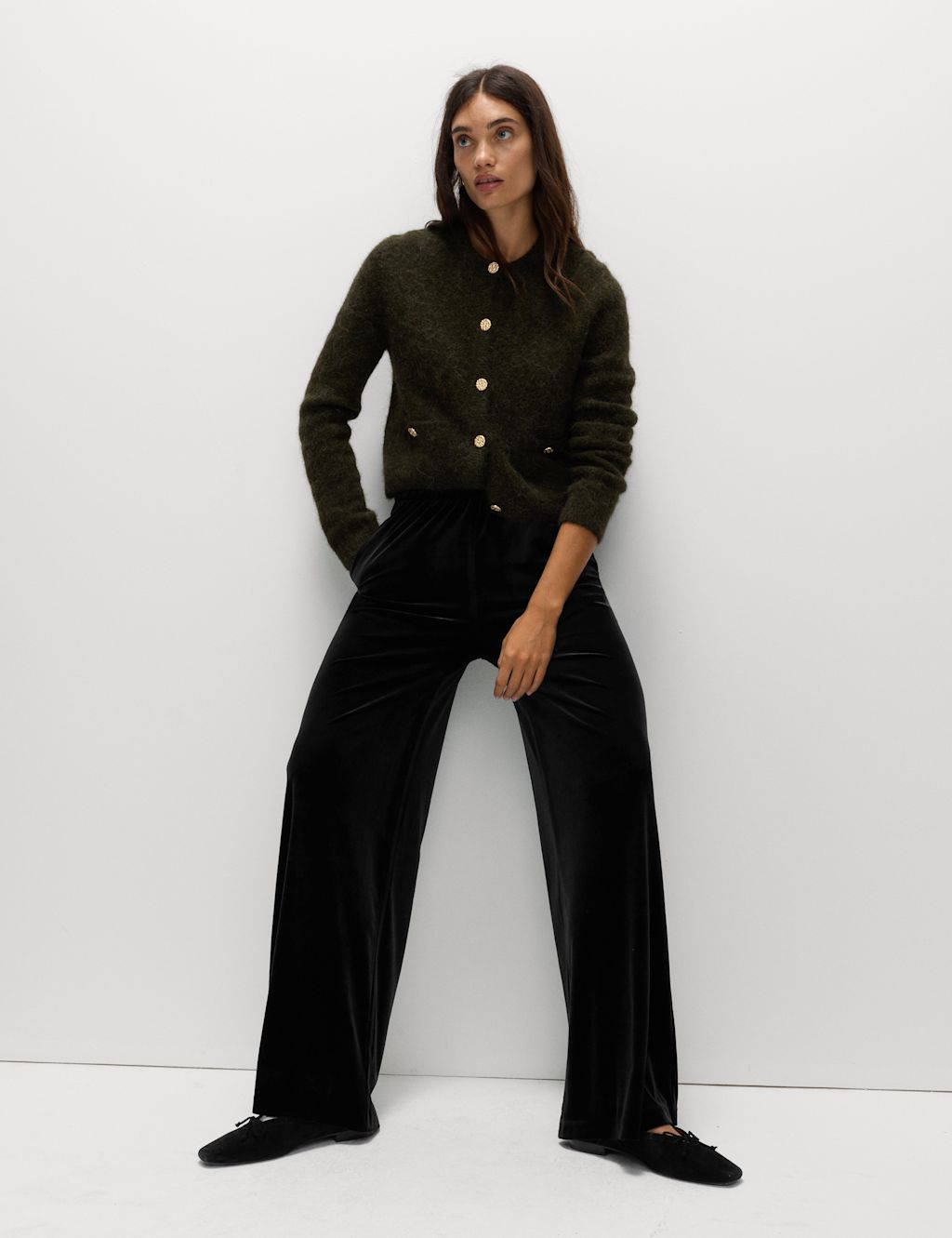 M&S Fluid Velvet Wide Leg Trousers - 24LNG - Black, Black