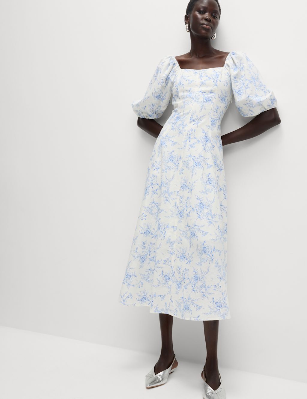 M&S Linen Rich Printed Square Neck Midaxi Dress - 24REG - Ivory Mix, Ivory Mix