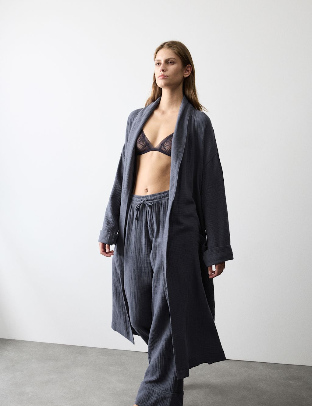 Autograph Pure Cotton Muslin Dressing Gown - Steel Blue, Steel Blue