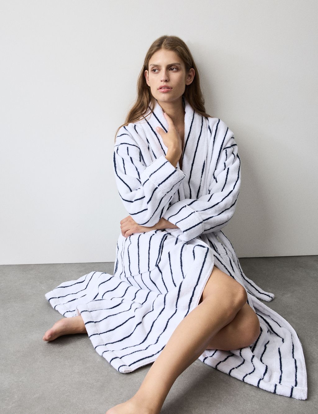 Autograph Pure Cotton Striped Towelling Dressing Gown - Ivory Mix, Ivory Mix