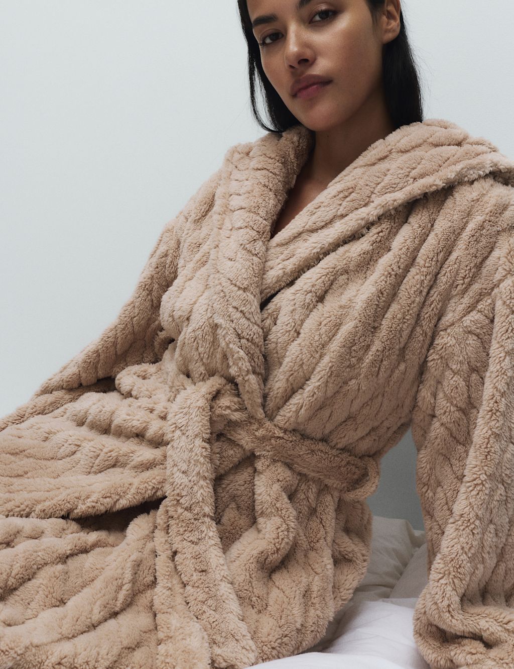 M&S Jacquard Long Hooded Dressing Gown - XS - Neutral, Neutral