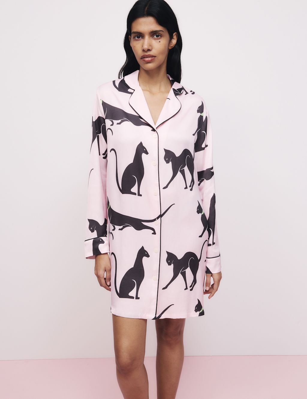 M&S X OLIVIA VON HALLE The Cat Print Nightshirt - 10 - Pink Mix, Pink Mix