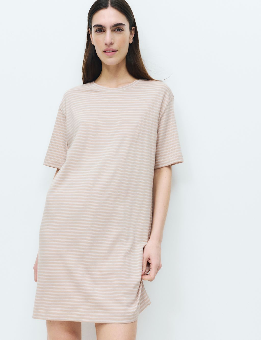 M&S Cotton Modal Striped Nightie - Extra Large - Neutral, Neutral
