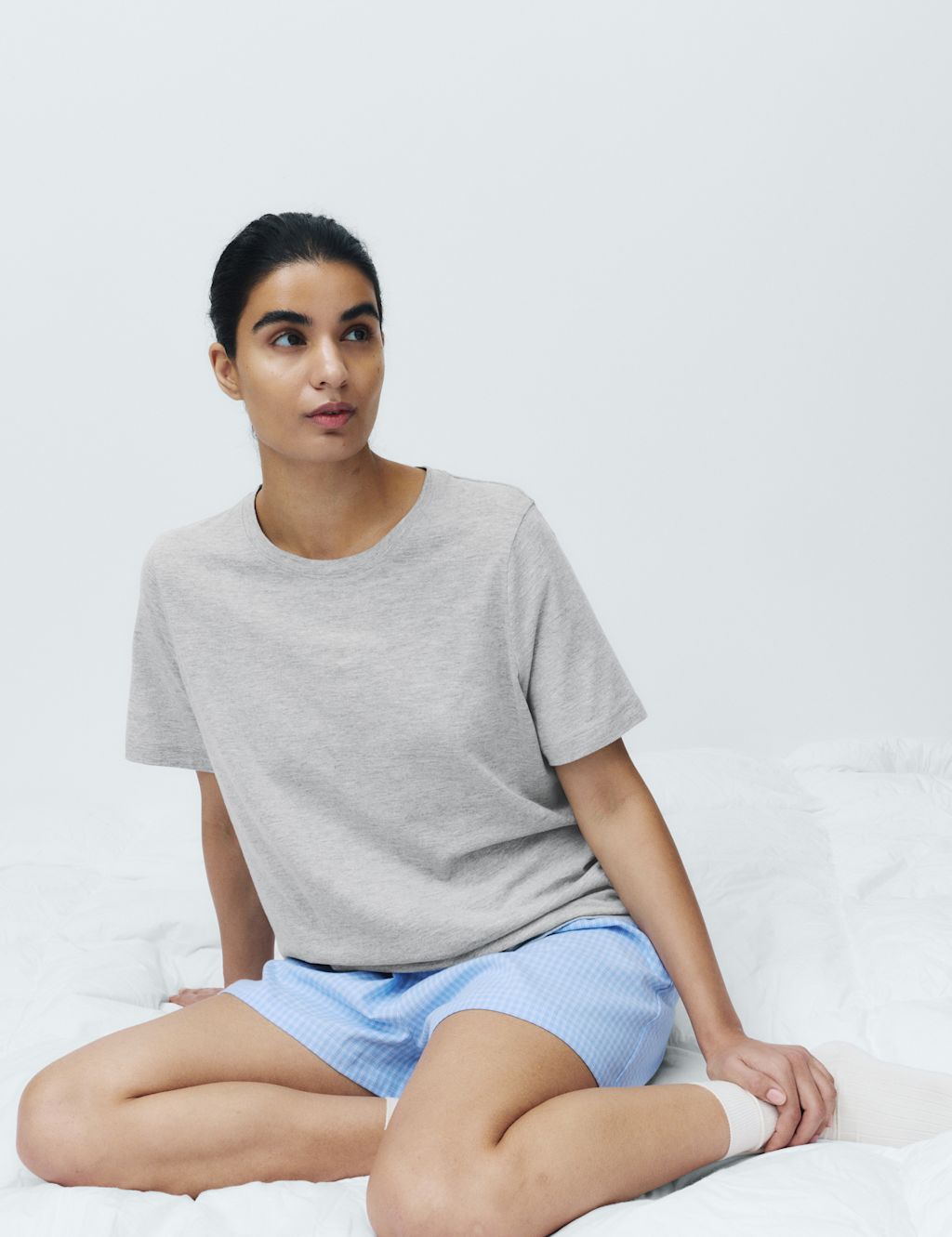 M&S Cotton Rich Printed Shortie Set - Extra Small - Grey Mix, Grey Mix
