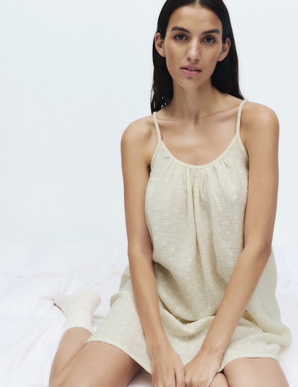 M&S Muslin Broderie Short Chemise - 12 - Yellow, Yellow