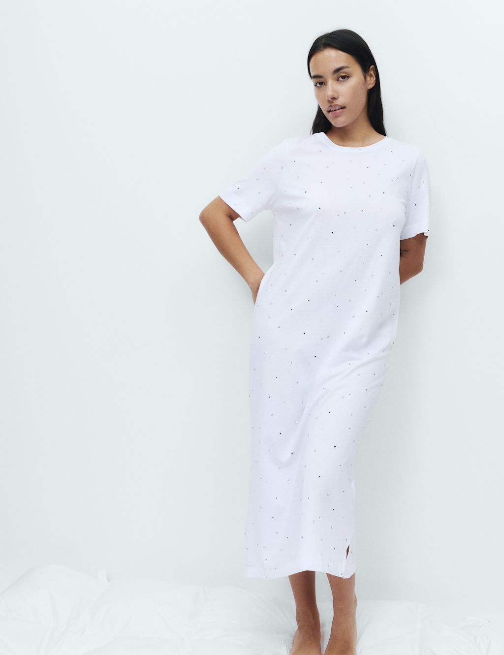 M&S Cool Comfort&trade; Printed Long Nightdress - XS - White Mix, White Mix