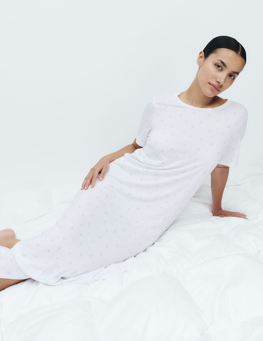 M&S Cotton Modal Printed Long Nightdress - Extra Small - White Mix, White Mix
