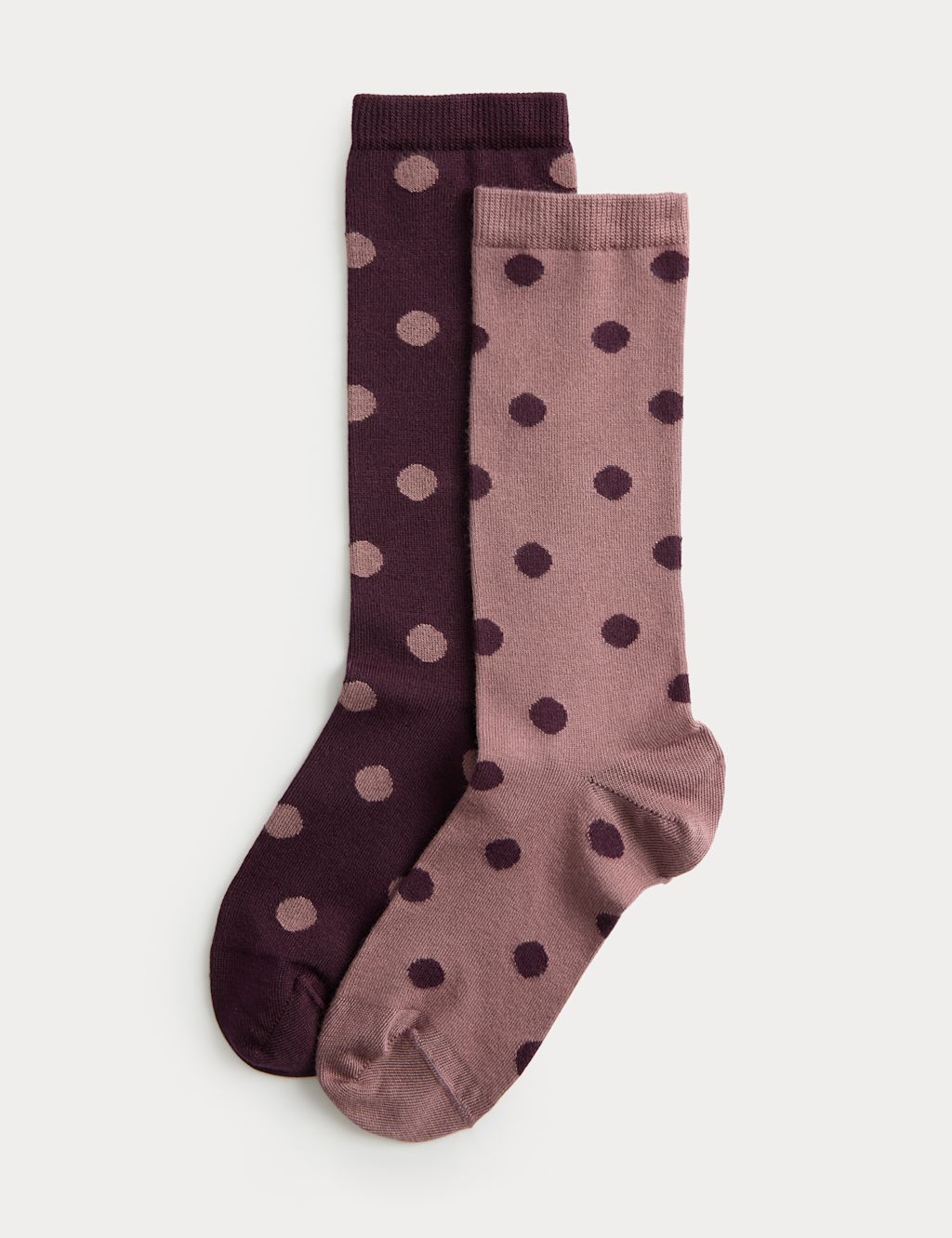 M&S 2 Pack Supersoft Spot Print Crew Socks - Burgundy Mix, Burgundy Mix