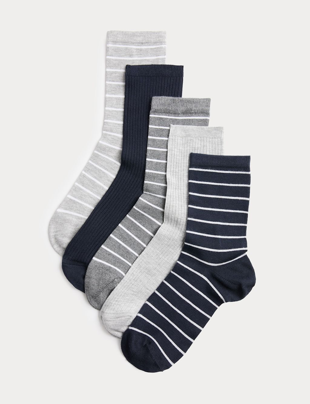 M&S 5 Pack Supersoft Striped Crew Socks - 3-5 - Navy Mix, Navy Mix