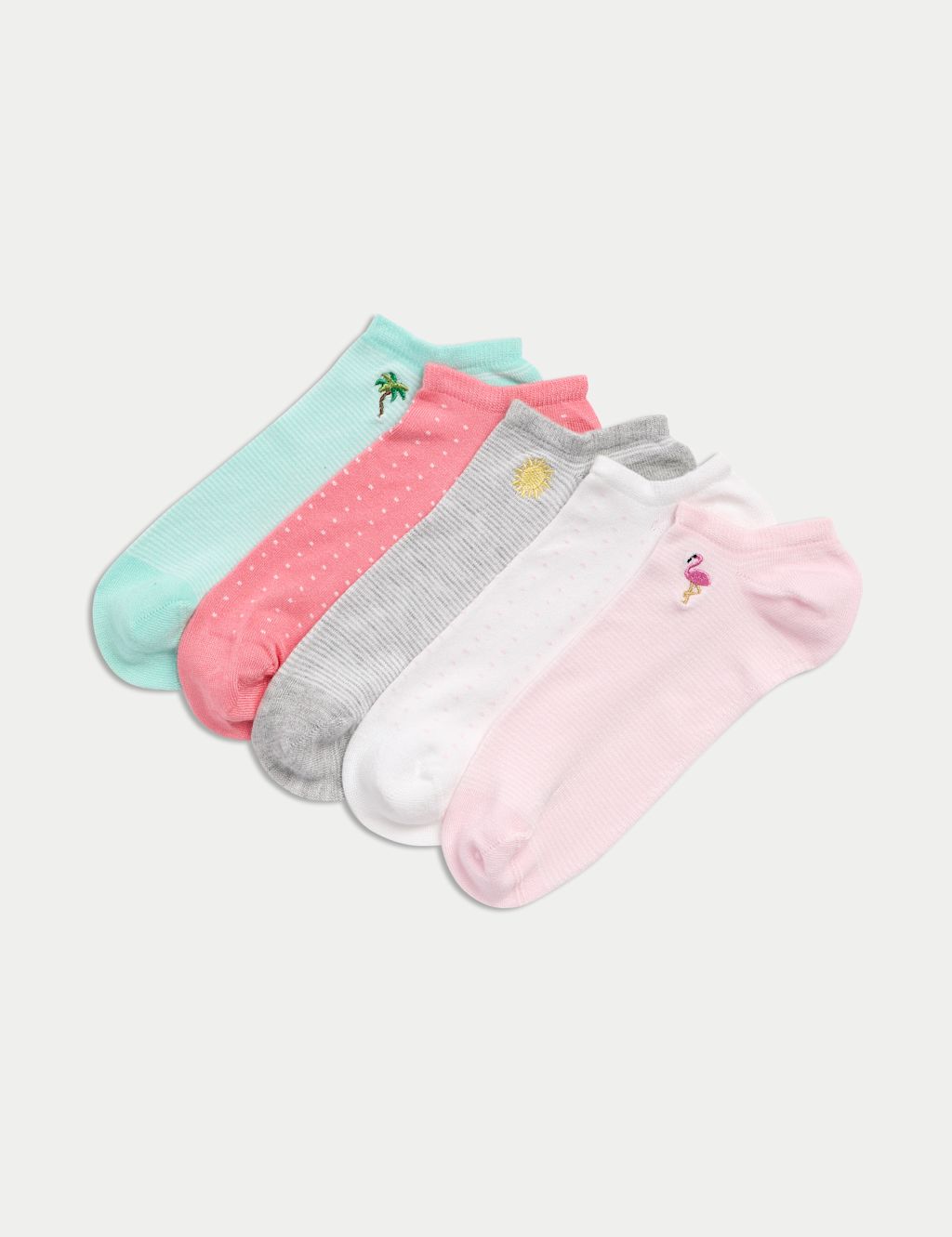M&S 5pk Tropical Embroidered Trainer Liners™ - 6-8 - Pink Mix, Pink Mix