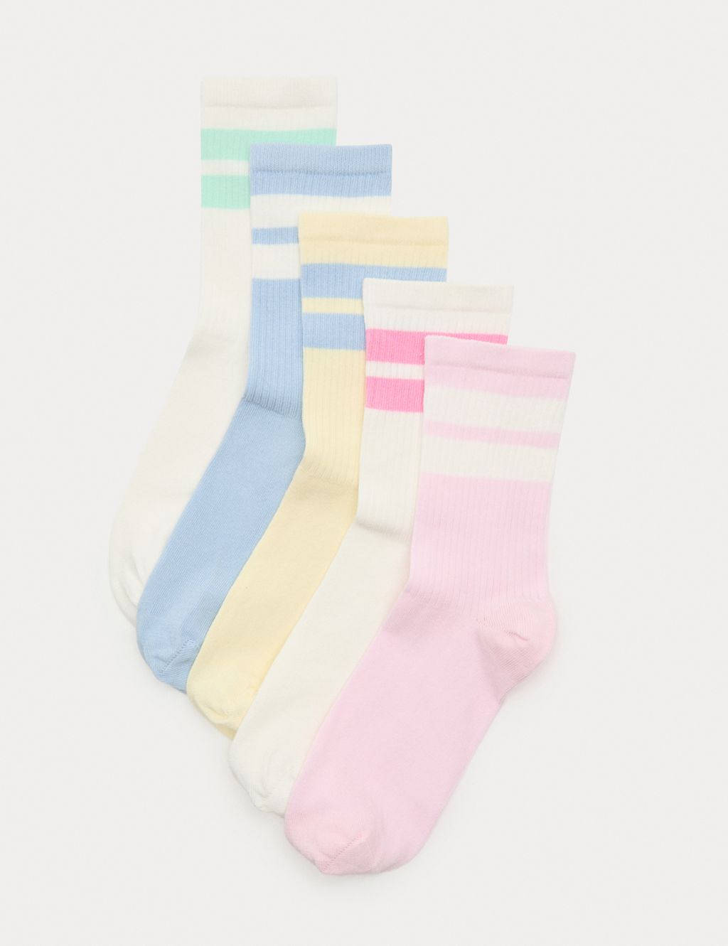 M&S 5 Pack Cotton Rich Striped Crew Socks - 3-5 - Light Pink, Light Pink