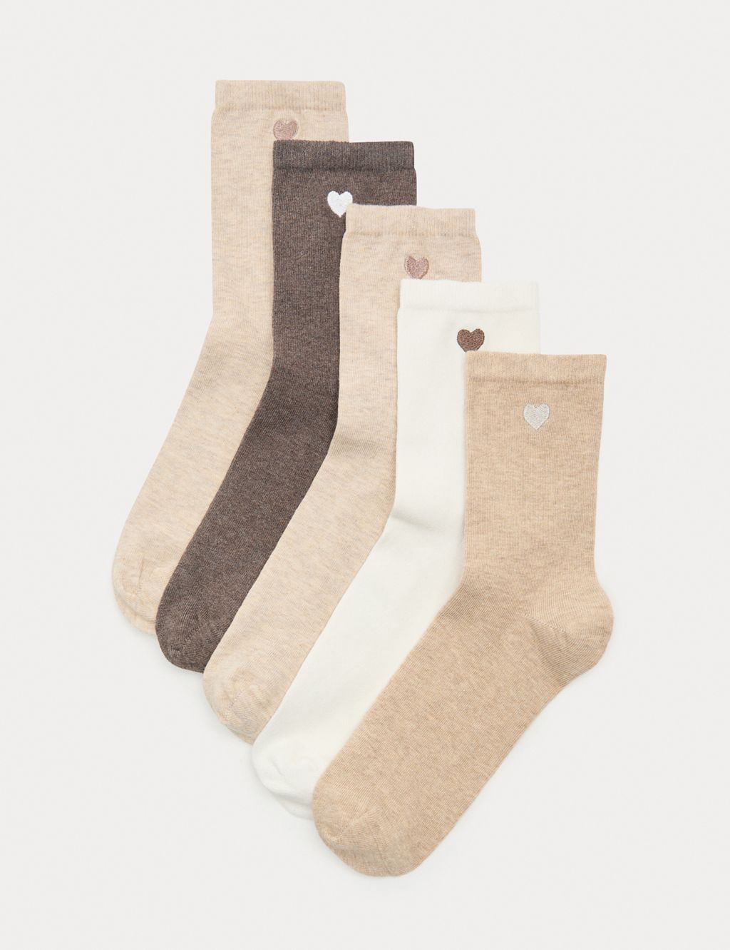 M&S 5 Pack Cotton Rich Embroidered Crew Socks - 3-5 - Brown Mix, Brown Mix