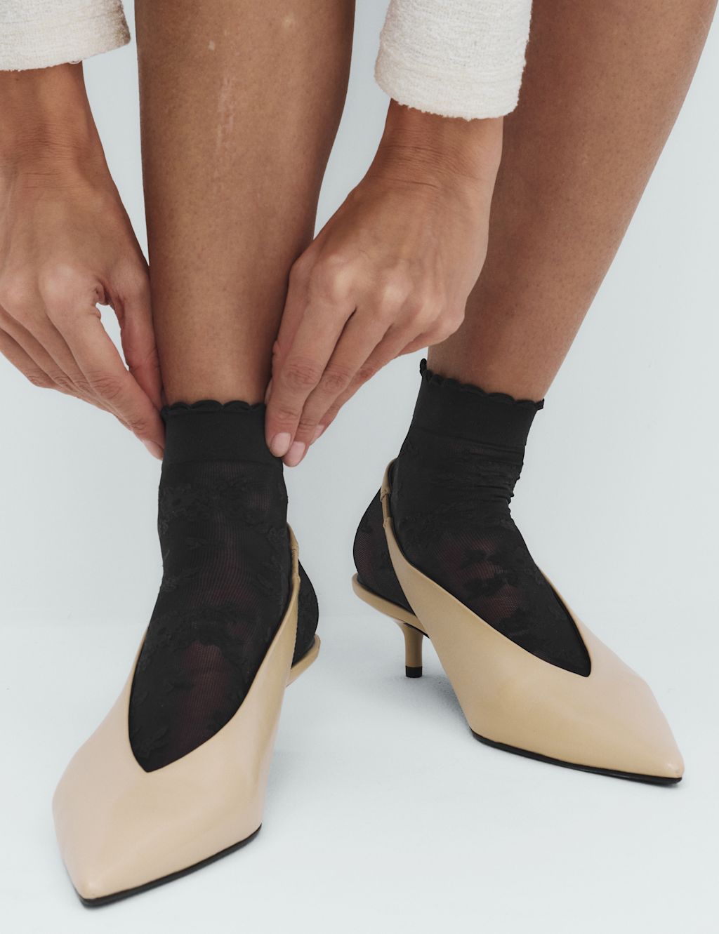 M&S Floral Lace Ankle High Socks - Black, Black