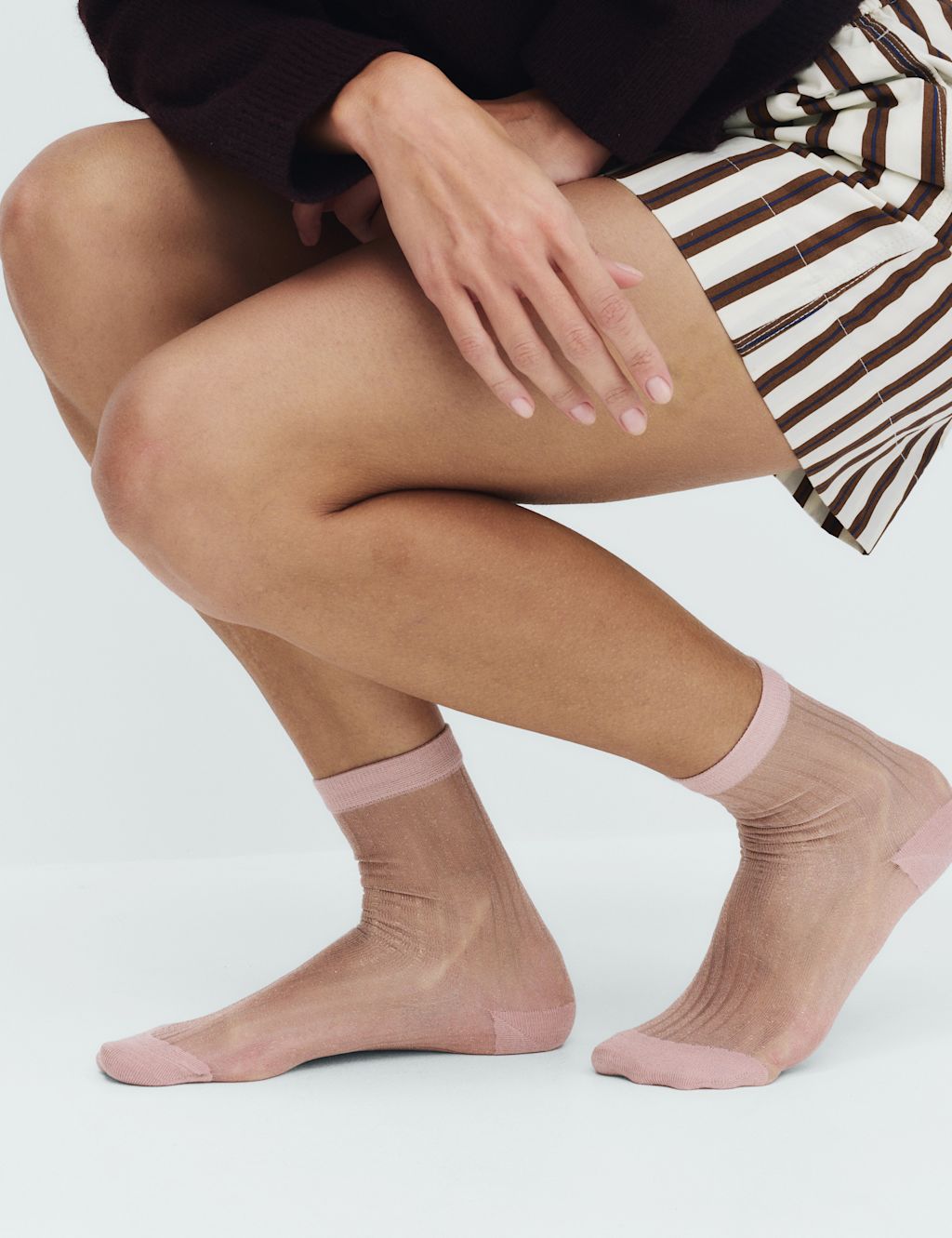 M&S Cotton Blend Sheer Ribbed Sparkly Crew Socks - 6-8 - Pink, Pink