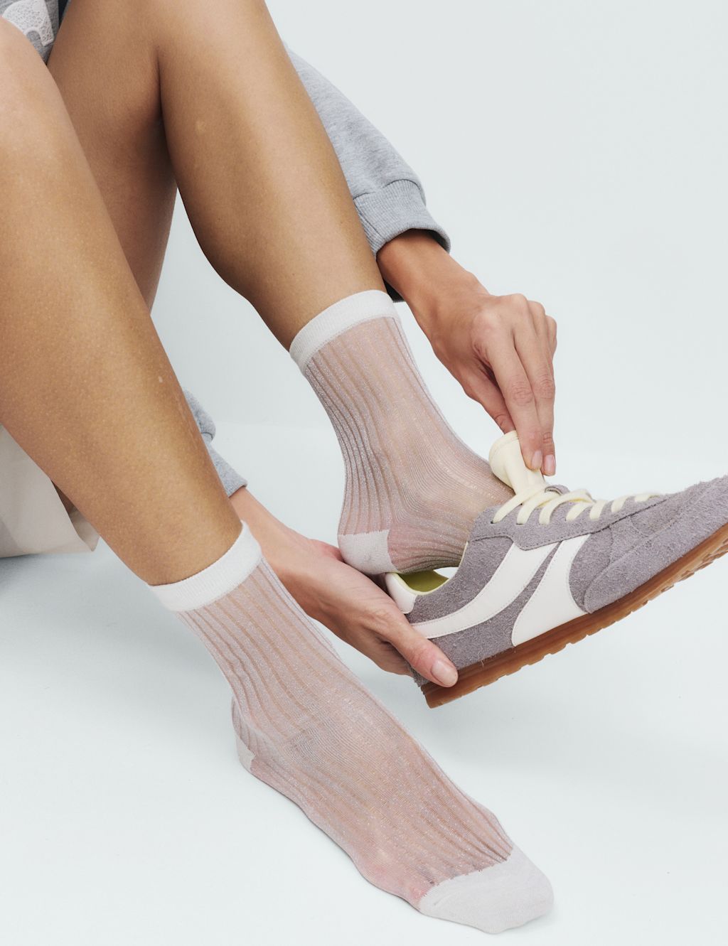 M&S Cotton Blend Sheer Ribbed Sparkly Crew Socks - 6-8 - Ivory Mix, Ivory Mix